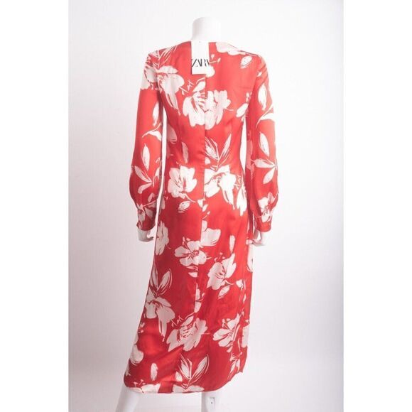 Zara Womans Midi Dress Size XS Satin Red White Floral Long Sleeve 2581/117 NWT - Picture 5 of 6